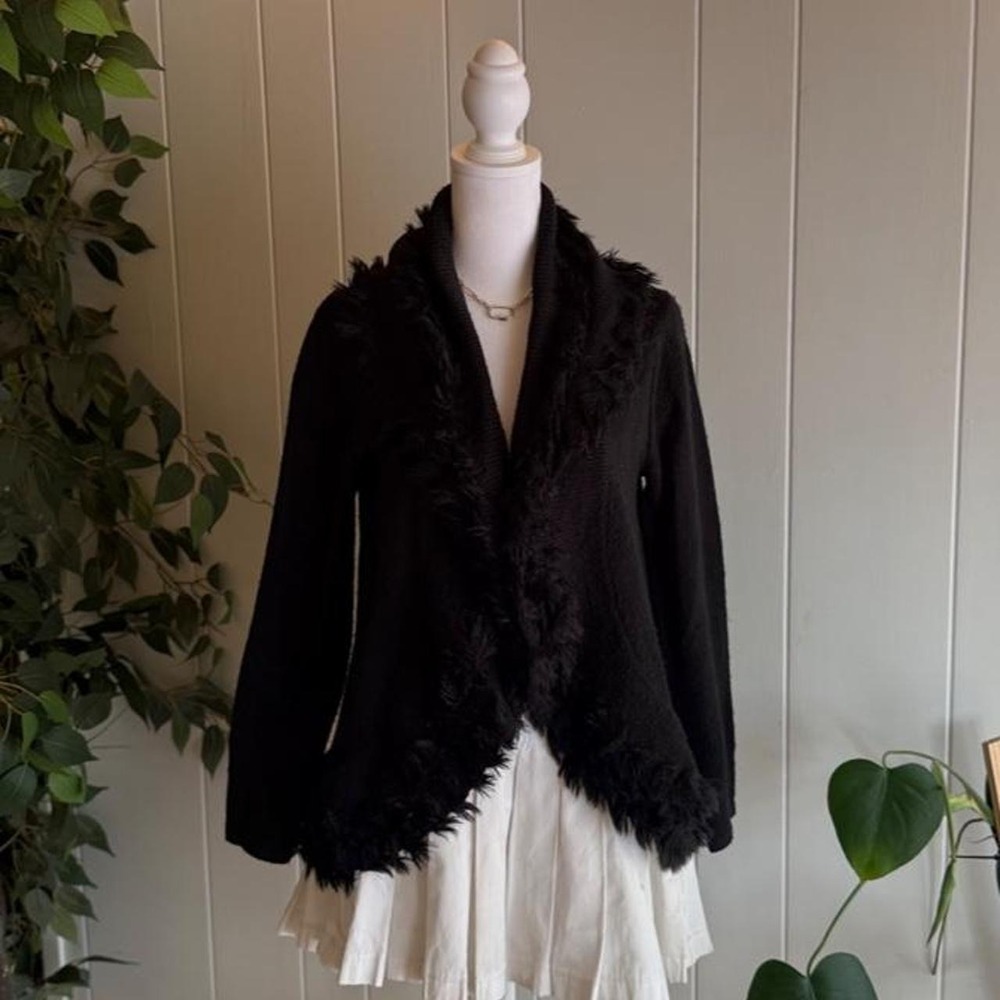 Alfani Black Faux Fur Trimmed Knitted Cardigan Women's Size Petite Medium